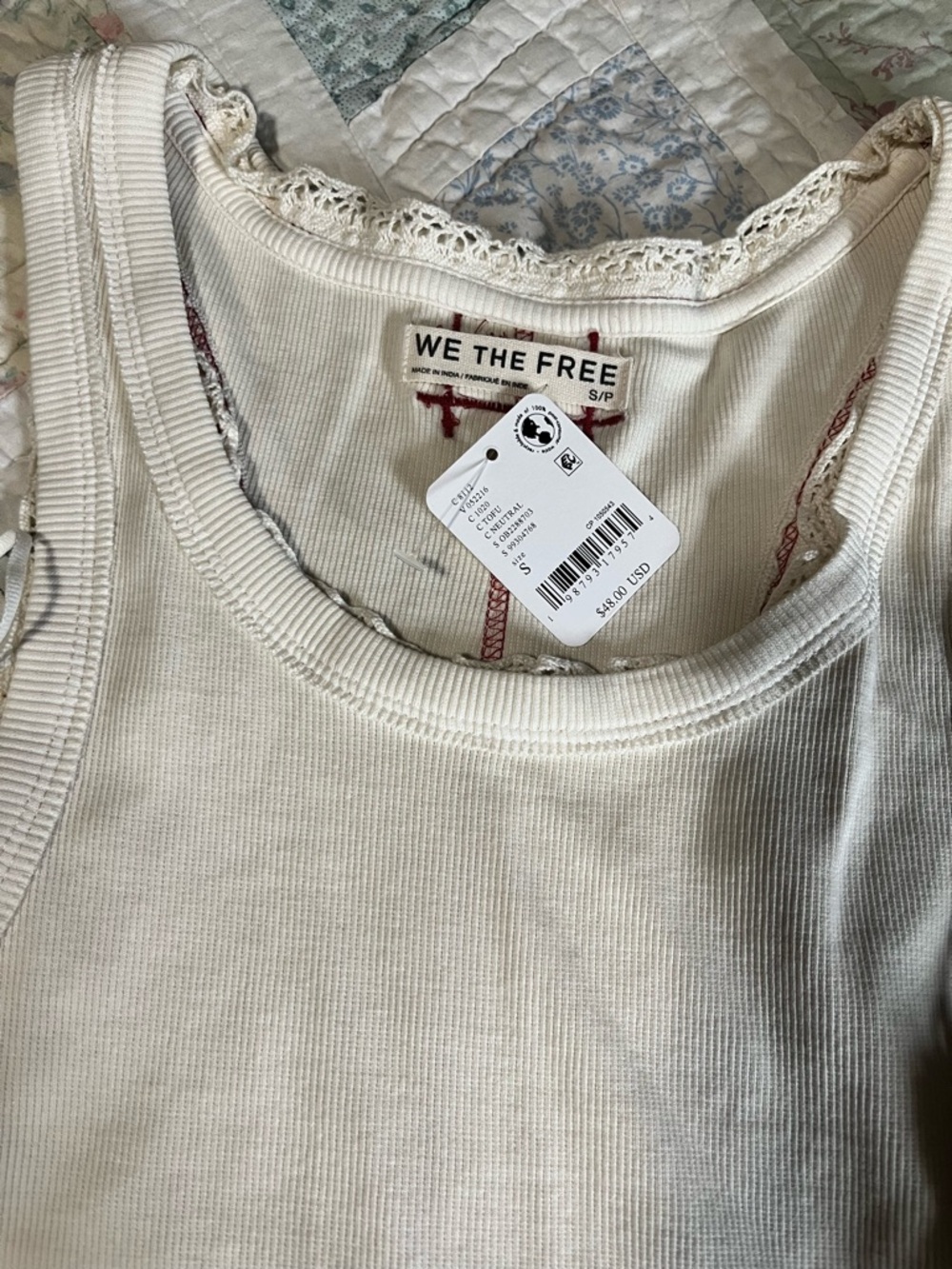 Free People Ribbed Lace-Trim Tank Tops — Cream & Black - Picture 2 of 3